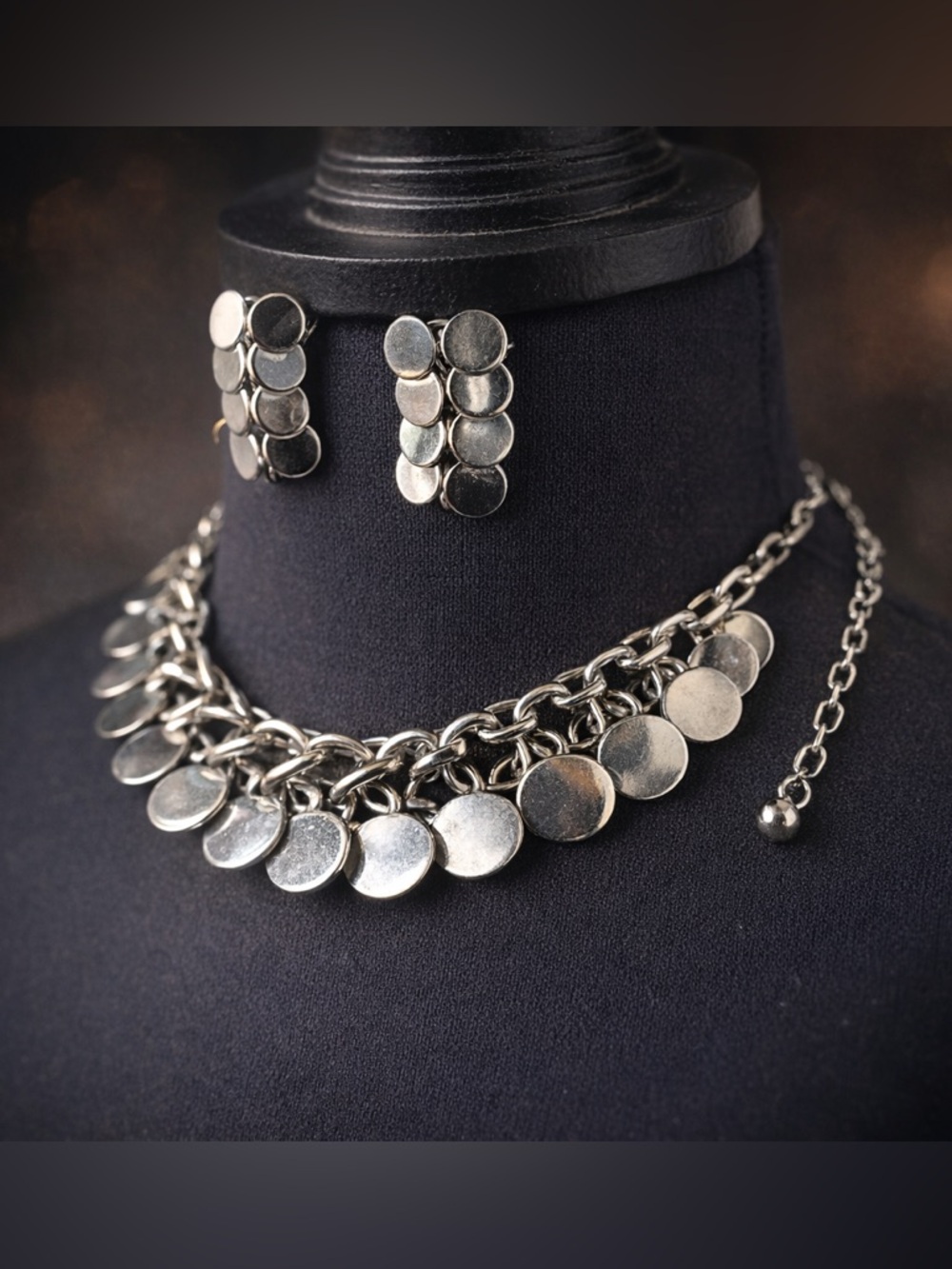 3-pc Vintage Silver Chainmail Choker Necklace Earrings Set Clip Disc Earrings
